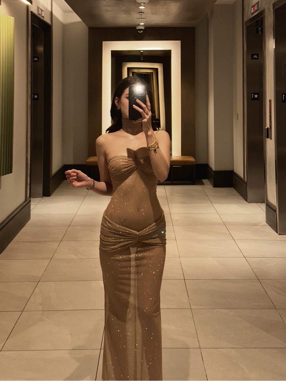 Mirror Palais Strapless Gold Sheer Ruched Evening Dress